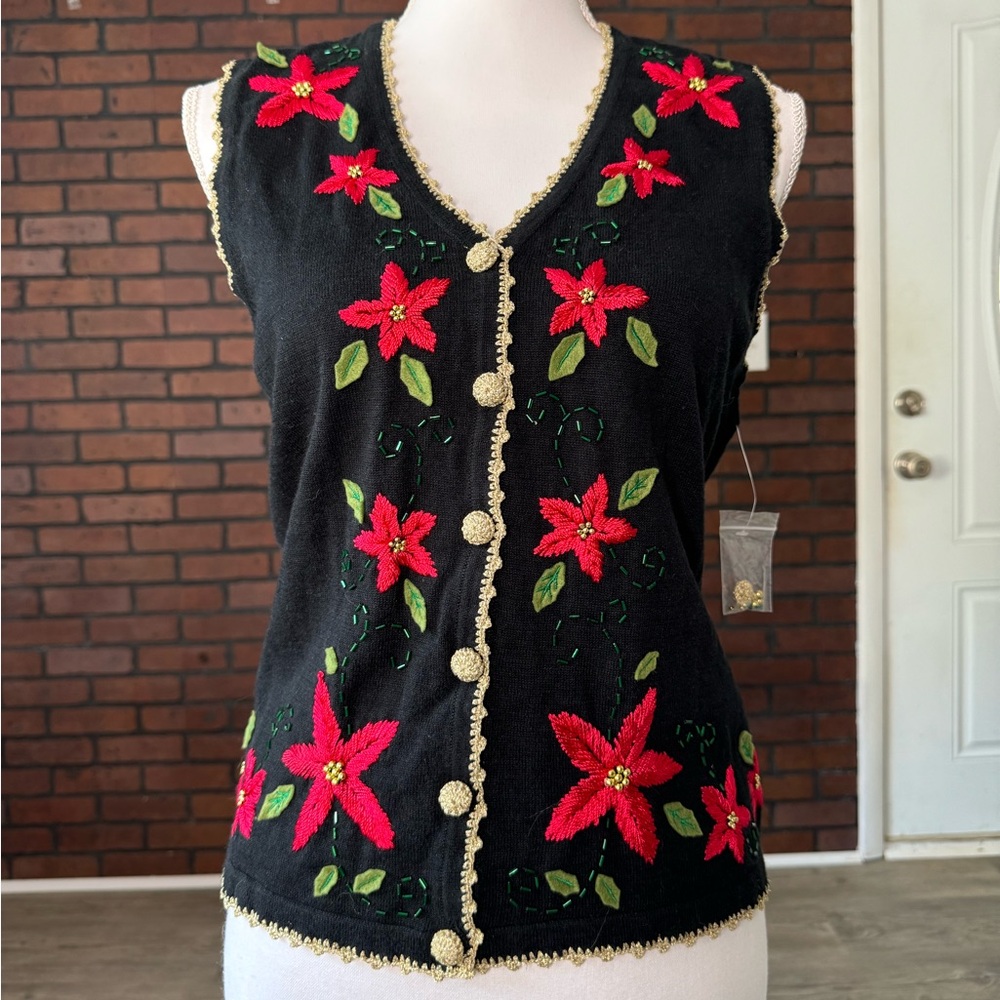 Studio JOY Black Poinsettia Embroidered‎ Christmas Sweater Vest PM Petite Medium